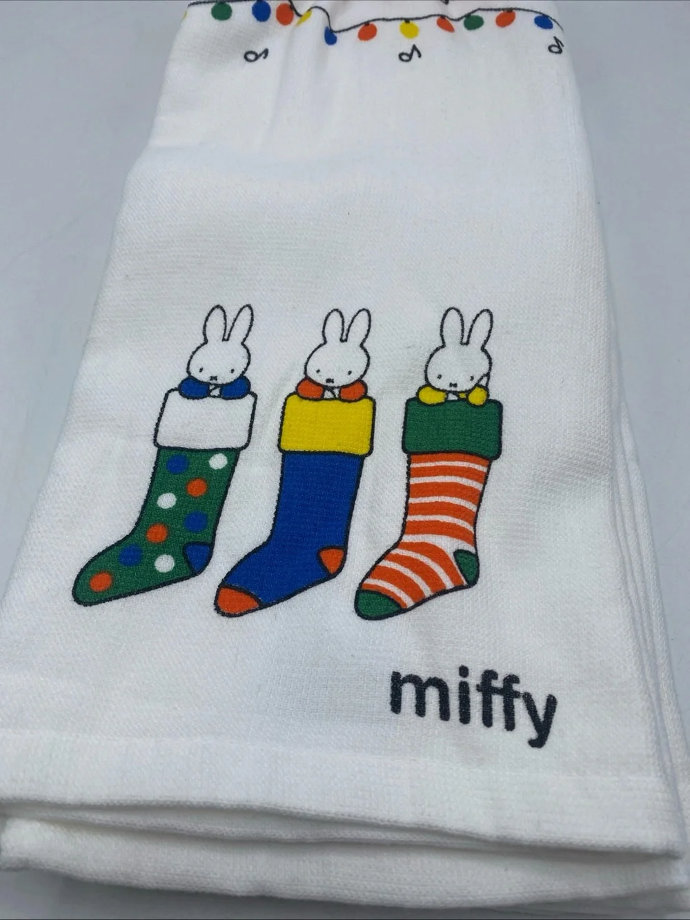 Miffy by Magenta Set of 2 Holiday Cotton Dishtowels Stocking Christmas Lights